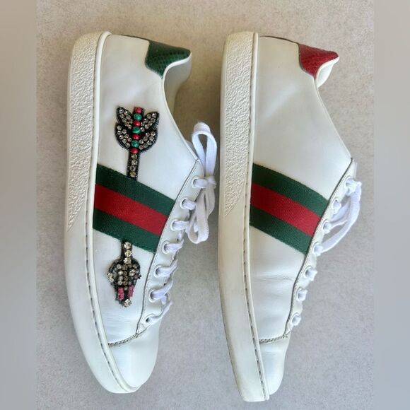 Gucci White Leather Ace Web Arrow Embroidered Low Top Sneakers size 38.5 White - Picture 7 of 12